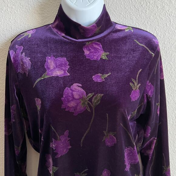 Christie & Jill Vintage Purple Floral Velvet Turtleneck Top Women's S Stretch - Picture 2 of 4